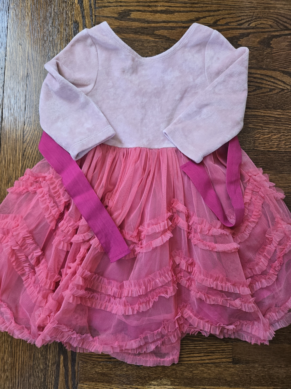 Mini Boden Pink Layered Tulle Ruffle Dress with Bright Pink Sash